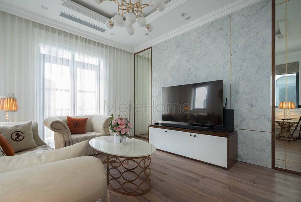 Thi công phòng khách biệt thự tân cổ điển với nhiều chất liệu đem lại sự phối kết hợp nội thất đầy tuyệt vời thi công nội thất