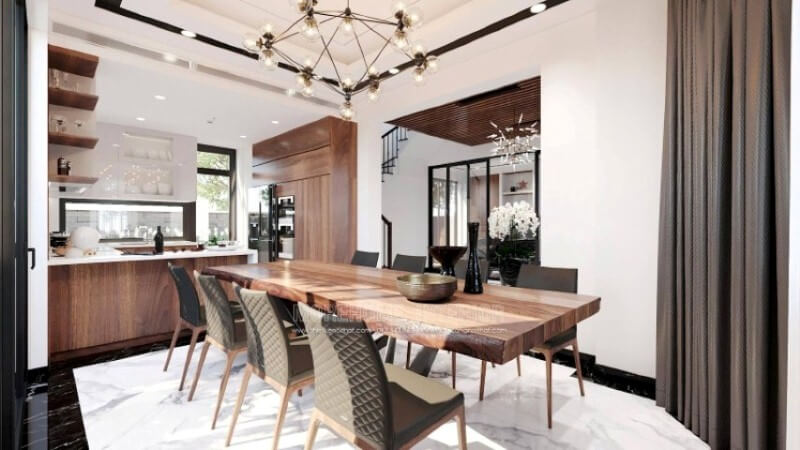 Sẽ là một gợi ý tuyệt vời với sự hiện hữu tủ bếp gỗ óc chó veneer nâu trầm kết hợp gam màu trắng sáng, long lanh từ tủ bếp trên gỗ công nghiệp acrylic và mặt bàn bếp đá granite. Sự tương phản giữa 2 sắc màu sẽ là ý tưởng tuyệt vời cho thiết kế nội thất phòng bếp hiện đại cho không gian nhà phố, biệt thự. Mẫu tủ bếp biệt thự acrylic