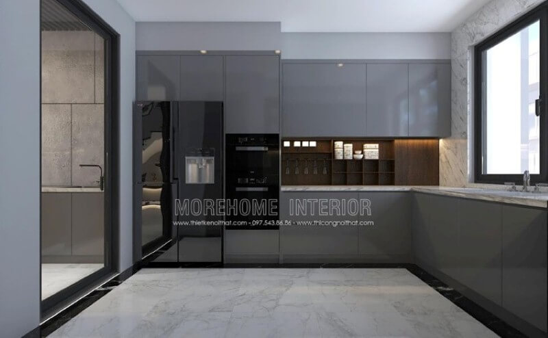 Mẫu tủ bếp gỗ công nghiệp acrylic màu xám đẹp mắt trong bố trí nội thất phòng bếp hiện đại sẽ là lựa chọn khá phù hợp với các không gian như chung cư, biệt thự, nhà phố. Mẫu tủ bếp biệt thự acrylic