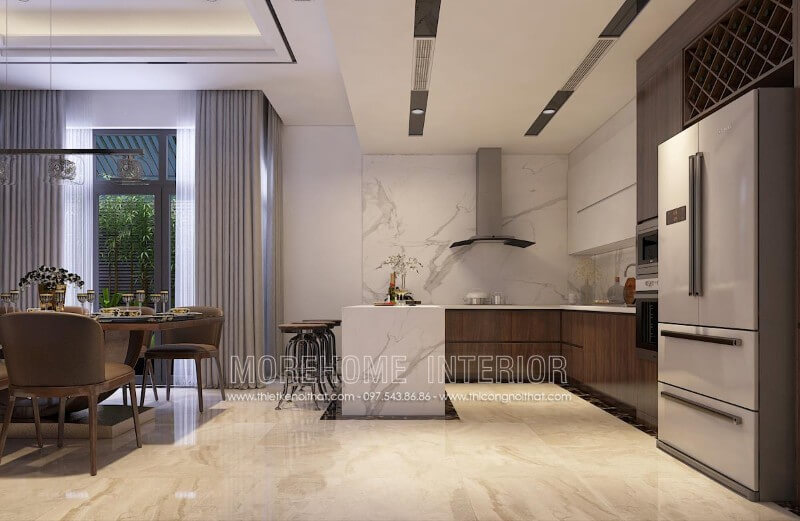 Mẫu tủ bếp đẹp hiện đại, đơn giản, không quá cầu kì vào các chi tiết, phần mặt tủ bếp được ốp đá vân mây sang trọng mà vô cùng sạch sẽ Tủ bếp đẹp, sang trọng và đẳng cấp