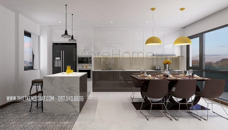 Tủ bếp đảo gỗ An Cường hiện đại lồng được bố trí khá đặc biệt với đảo bếp thiết kế theo cạnh chữ L với tủ bếp và nhường chỗ cho bộ bàn ghế ăn vừa tạo nên sự tiện nghi vừa mang lại không gian hài hòa, đẹp mắt, sang trọng. Thiết kế tủ bếp nhà phố sang trọng