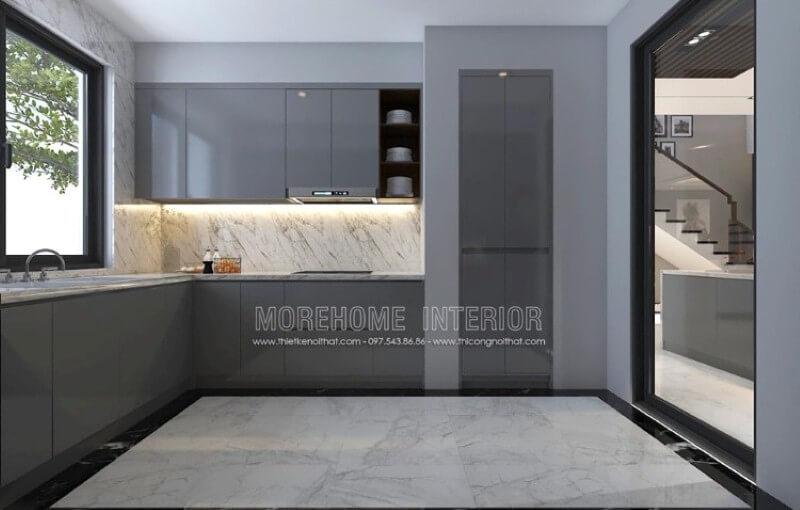 Tủ bếp đẹp, sang trọng ấn tượng với chất liệu gỗ acrylic màu xám độc đáo. Tủ bếp đẹp