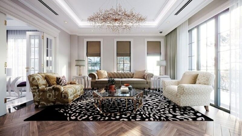 Bộ bàn ghế sofa văng tân cổ điển hoa văn đẹp mắt, sang trọng tạo điểm nhấn ấn tượng cho không gian. Mẫu nội thất biệt thự đẹp