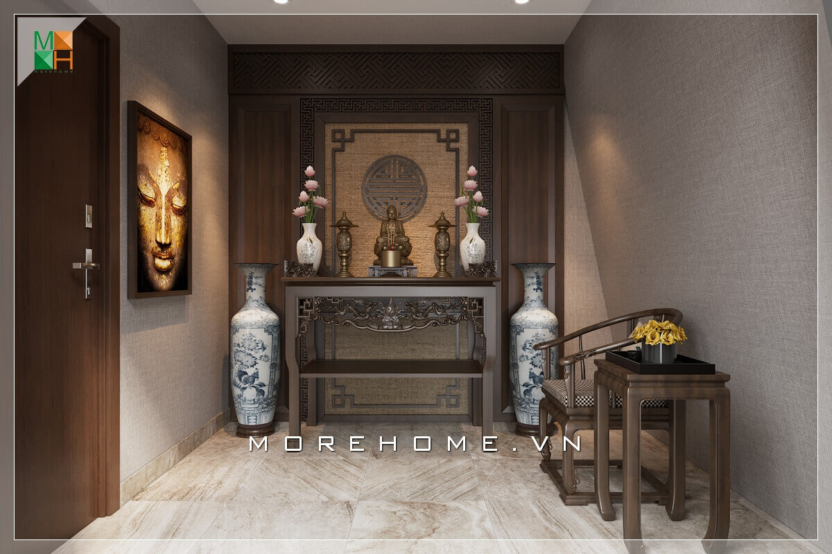 Mẫu bàn ghế phòng thờ gỗ tự nhiên óc chó cao cấp mang vẻ tôn nghiêm sang trọng.