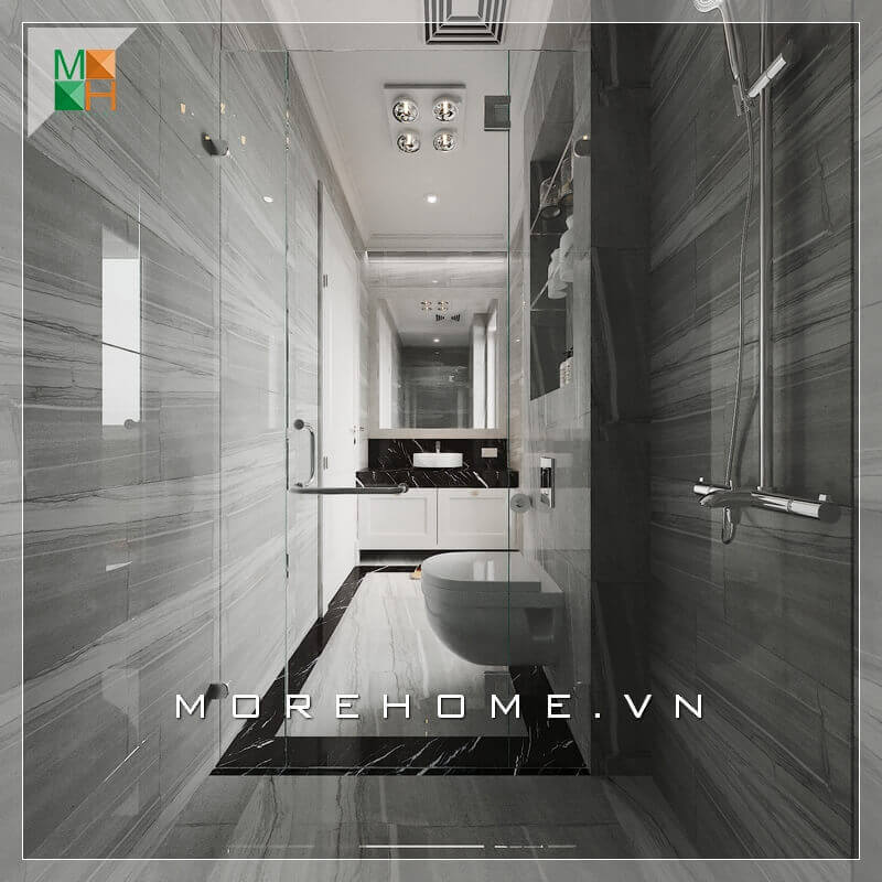 Việc sử dụng gạch lát nền và gạch ốp tường cũng hết sức sáng tạo giúp không gian phòng tắm trở nên rộng rãi và cảm giác thoải mái.