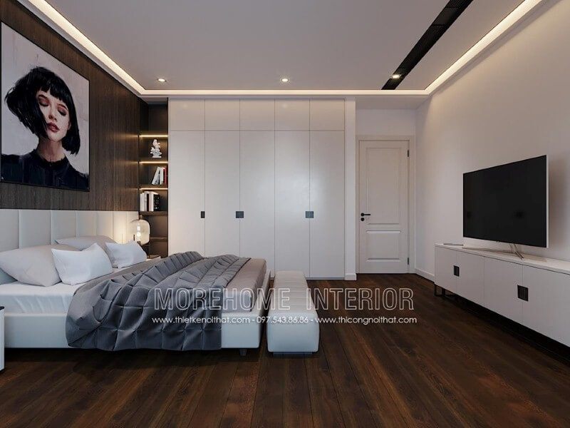 Trang trí nội thất phòng ngủ ấn tượng với tủ quần áo gỗ An Cường kết hợp kệ trang trí sát giường ngủ.