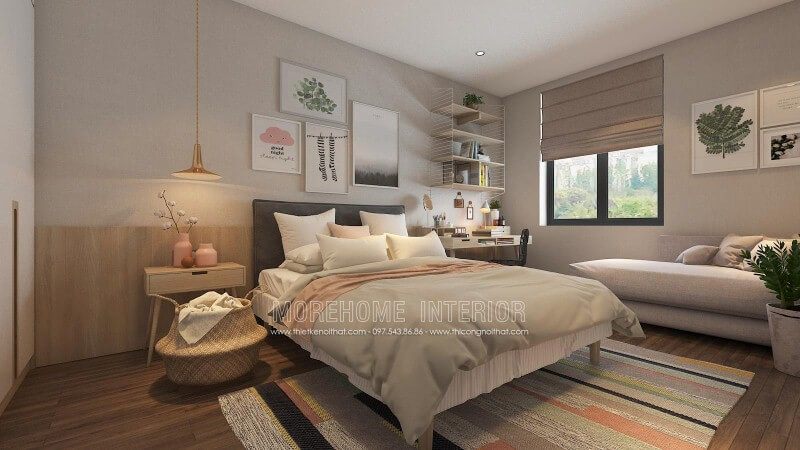 Trang trí phòng ngủ ấn tượng với cách trang trí độc đáo từ những mảng lớn đơn sắc kết hợp cùng họa tiết điểm nhấn tạo nên nét đẹp sinh động, trẻ trung cho không gian.