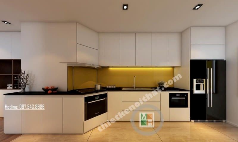 Sự kết hợp giữa hai màu đen và trắng làm chủ đạo sẽ tạo nên một mẫu thiết kế nội thất phòng bếp chung cư giúp tạo nên cảm giác sang trọng và tinh tế hơn bao giờ hết.
