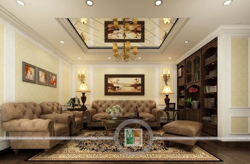 Bộ sofa bọc nỉ tân cổ điển với các nút trần được thiết kế để tạo độ căng cho bề mặt, mang lại sự êm ái khiến nó phù hợp với không gian phòng khách rộng.